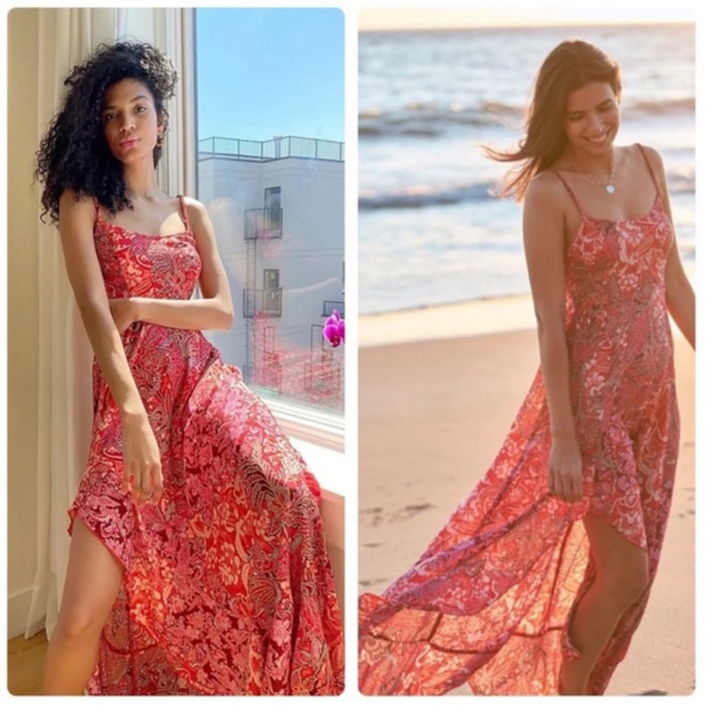 Free People Forever Yours Smocked Slip Dress Red S